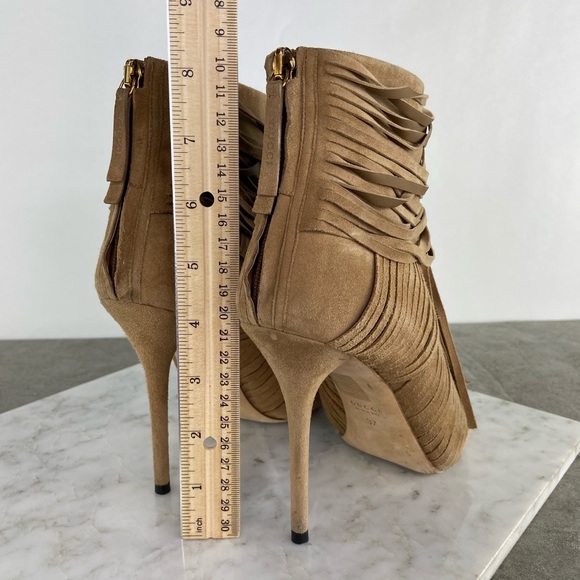 Gucci Tan Suede Fringe Open Toe Heeled Booties - Picture 5 of 12